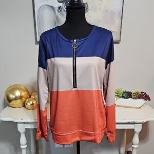 🧡 Color Block Quarter Zip Pullover Athleisure Top Large 💙